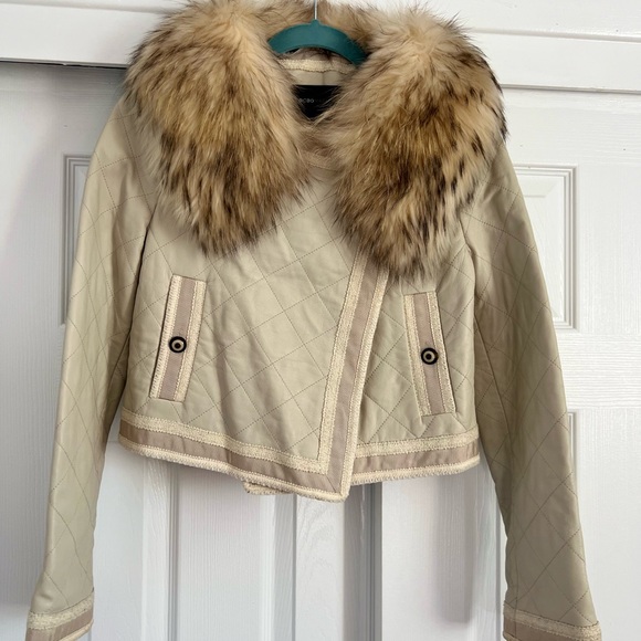 BCBG Leather Jacket With Detachable Racoon Fur Collar Cropped - Picture 1 of 9